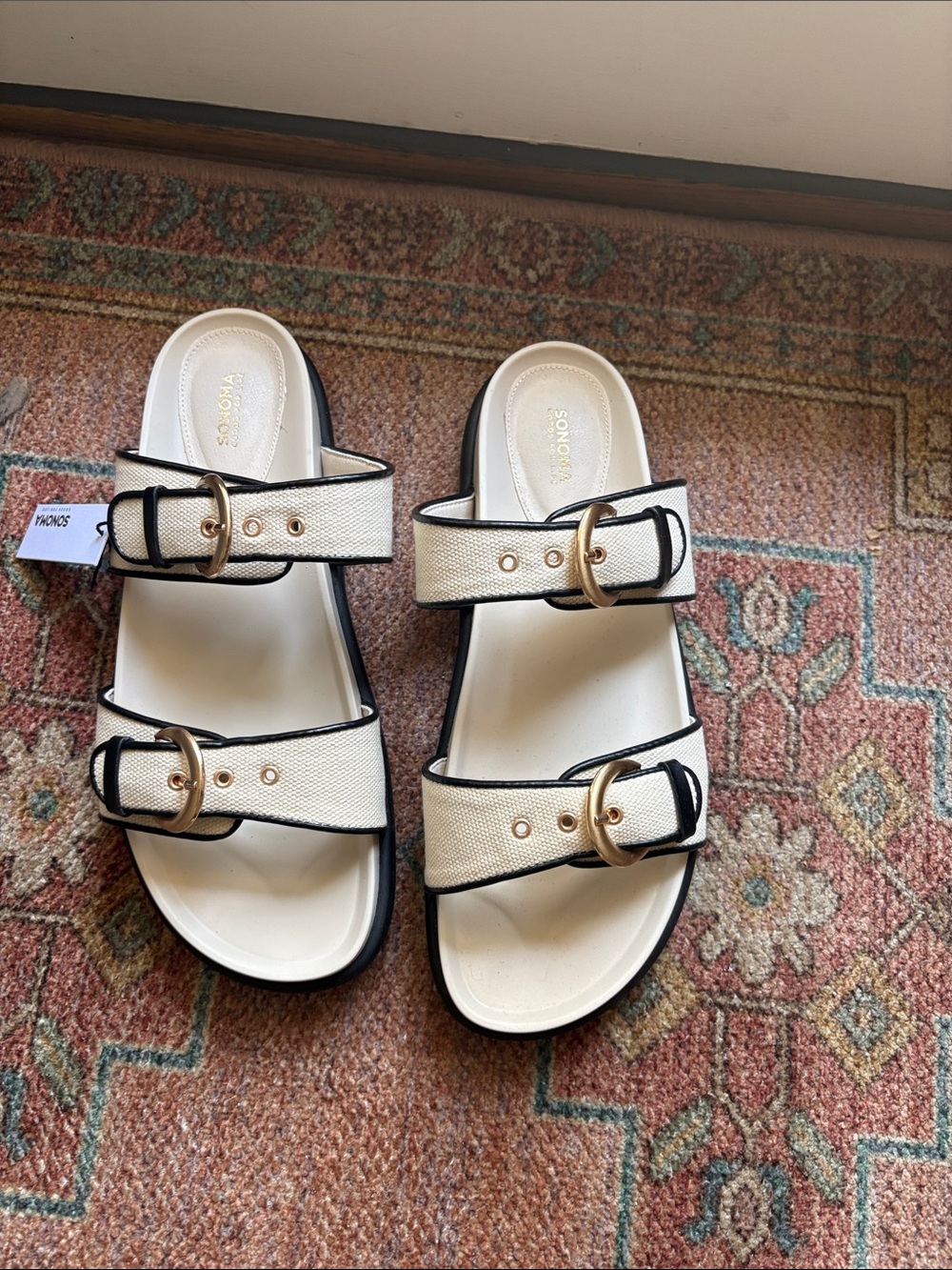 Kohl's Cream and Black Double-Buckle Canvas Slide Sandals